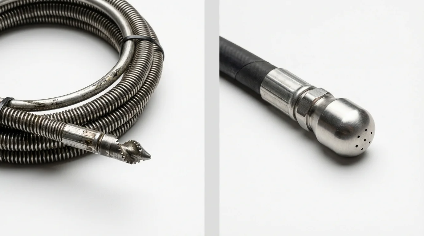 Drain snake cable and hydro jetting nozzle used for drain cleaning in Englewood, CO