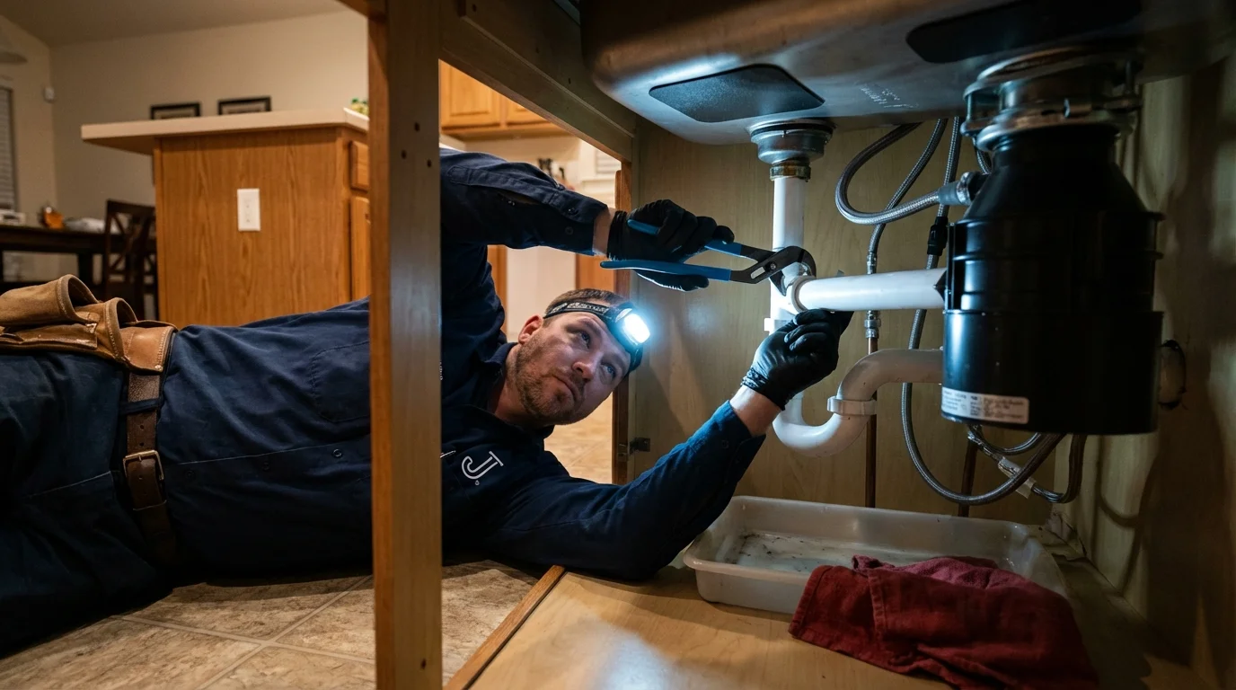 P-trap and supply line connections under a kitchen sink showing a common leak point in Englewood, CO